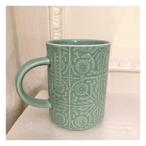 Starbucks 12 oz Jade Green Ceramic Coffee Mug with Embossed 3D Floral Design - Picture 6 of 9